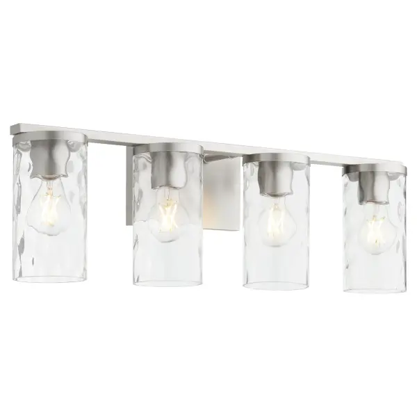 The Steinway 4-Light Vanity combines soft contemporary design with clear hammered glass shades and a refined satin nickel finish. Perfect for modern bathrooms seeking both style and functional illumination. - alternate view