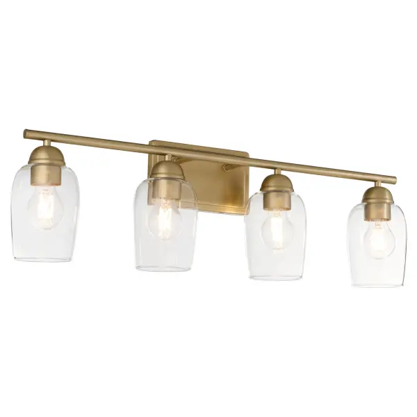 The Wallinger 4-Light Vanity combines classic industrial design with warm aged brass finish and clear glass shades. Its balanced proportions and versatile aesthetic make it ideal for modern, rustic, or transitional bathrooms. - alternate view