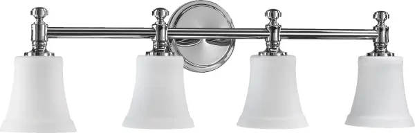 The Rossington 4-Light Vanity combines clean lines with soft curves and a polished chrome finish, making it adaptable to both modern lofts and traditional homes. Clear seeded glass shades add texture while providing ample illumination.