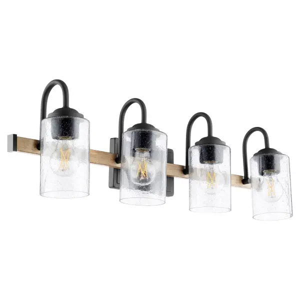 The Pepper Glass 4-Light Vanity combines rustic farmhouse aesthetics with industrial edge. Clear seeded glass shades and a two-toned Driftwood/Noir finish create vintage character while providing ample task lighting for grooming areas.