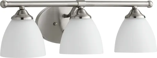 The Brooks 3-Light Vanity combines contemporary design with traditional elegance in a versatile Satin Nickel finish. Satin opal glass shades provide soft, diffused lighting perfect for bathroom tasks while adding sophistication.