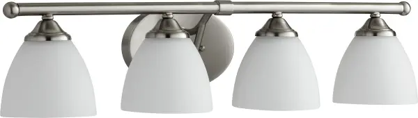 The Brooks 4-Light Vanity combines contemporary design with traditional elegance in a versatile Satin Nickel finish. Satin opal glass shades provide soft, diffused lighting perfect for bathroom tasks while adding sophistication.