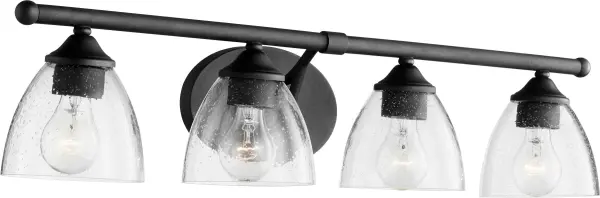 The Brooks 4-Light Vanity blends contemporary and traditional design with a sophisticated noir finish. Clear seeded glass shades provide elegant light diffusion while the slender frame adds refined style to any bathroom. - alternate view