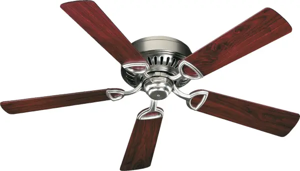 The Medallion 52" ceiling fan combines traditional styling with practical flush-mount design, ideal for rooms with lower ceilings. Its satin nickel finish and reliable performance make it a versatile choice for various indoor spaces.