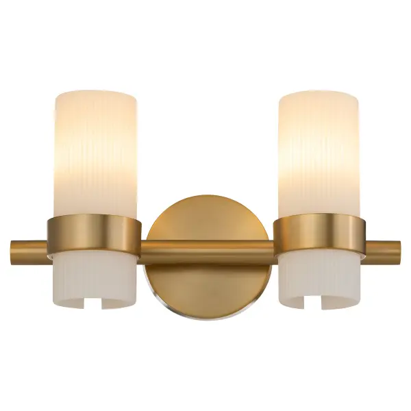 The Sojourn 2-Light Vanity combines contemporary design with nostalgic touches, featuring candle-like white milky glass pillars and brushed brass finish. Perfect for modern and transitional bathrooms seeking timeless elegance. - alternate view