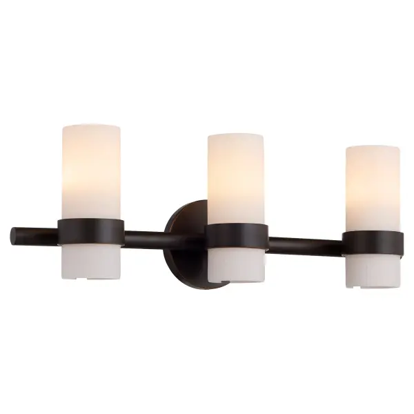 The Sojourn 3-Light Vanity masterfully combines contemporary design with nostalgic touches, featuring candle-like white milky glass pillars and a modern bobeche. Its bronze finish and transitional aesthetic make it versatile for both modern and traditional bathrooms. - alternate view
