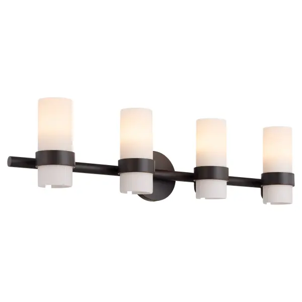 The Sojourn 4-Light Vanity masterfully blends contemporary lines with vintage-inspired details. White milky glass pillars and modern bobeche accents create a sophisticated look that works beautifully in both modern and traditional bathrooms. - alternate view