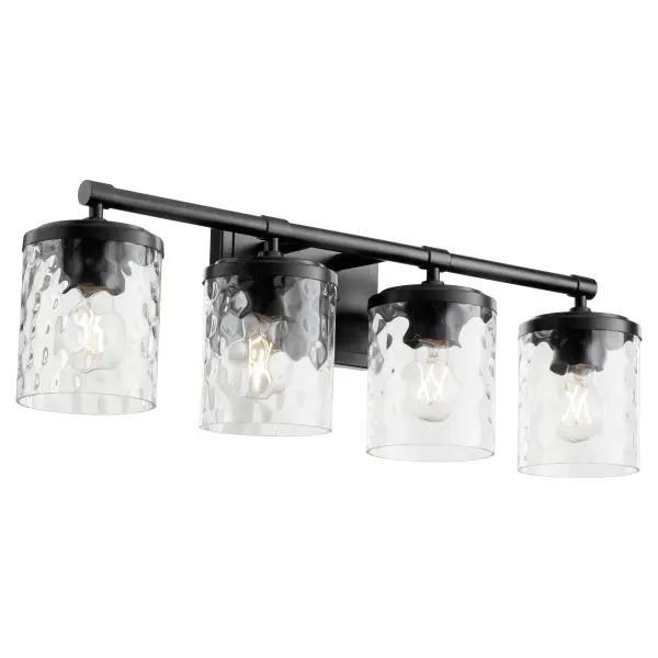 The Starky 4-Light Vanity combines traditional design with modern finishes. Clear hammered glass shades provide textured visual interest while the matte black frame adds contemporary edge to classic styling. - alternate view