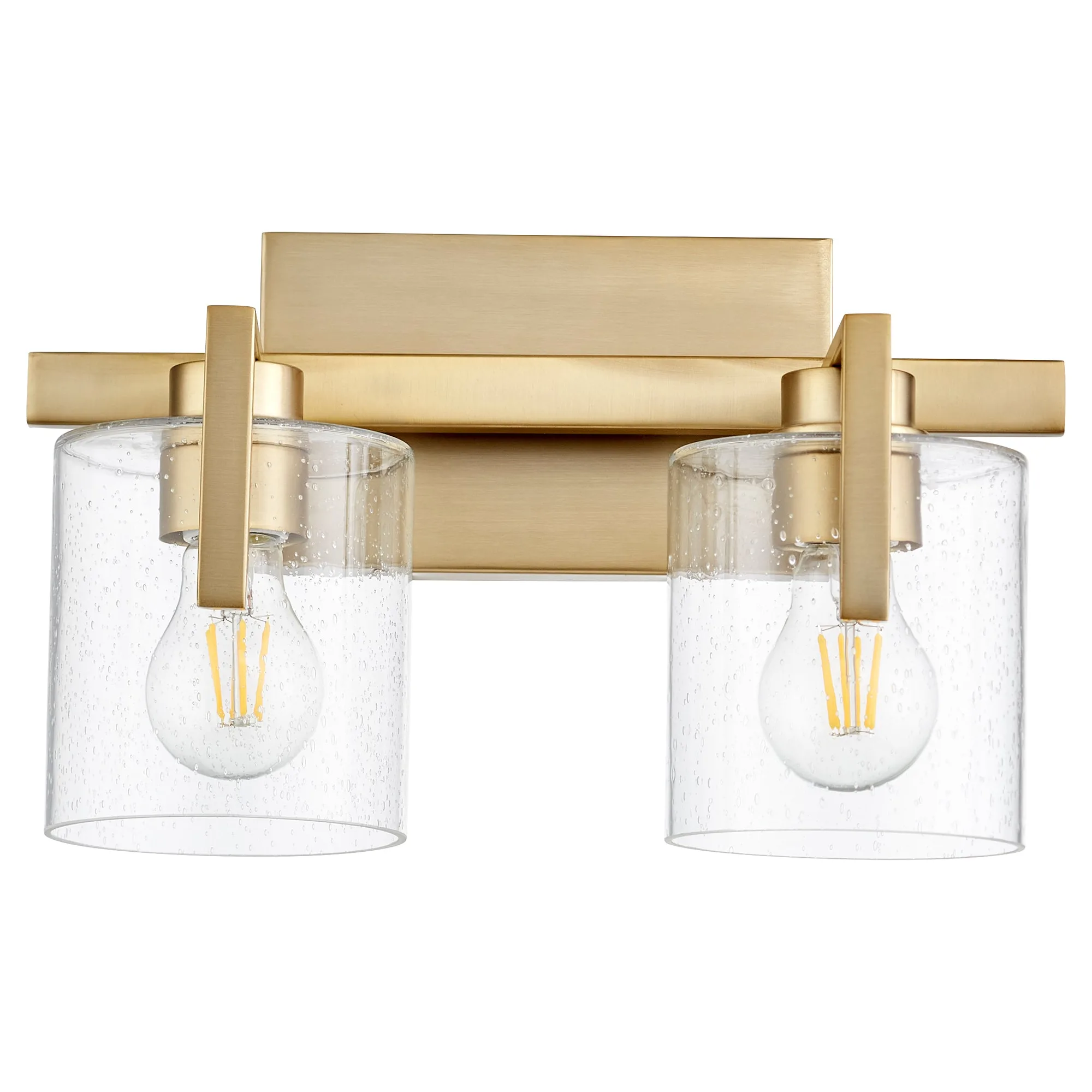 Two-Light Clear Seeded Glass Vanity Light in Aged Brass