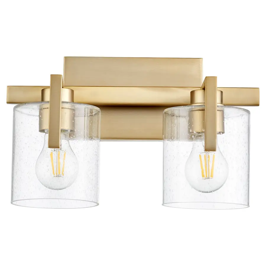 Two-Light Clear Seeded Glass Vanity Light in Aged Brass