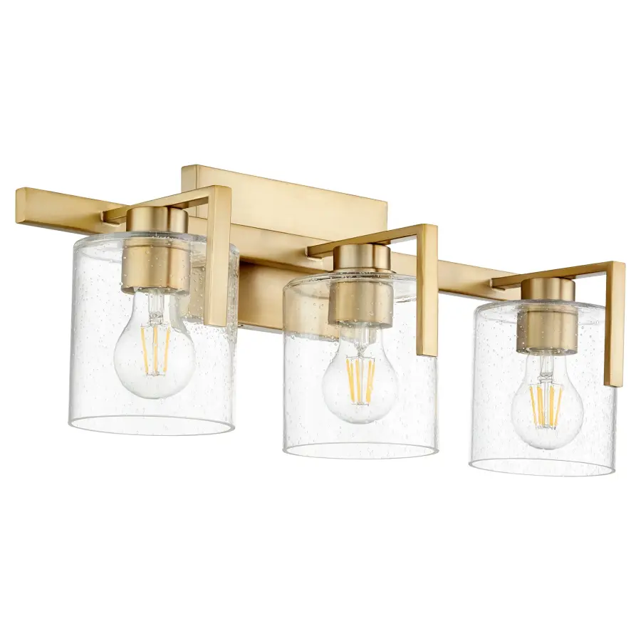 Three-Light Clear Seeded Glass Vanity Light in Aged Brass - Image 1