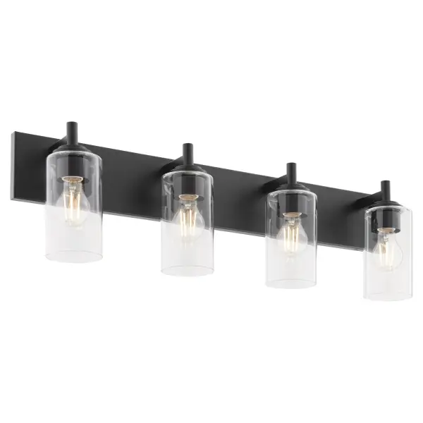 The Fallstaff 4-light vanity combines modern design with practical versatility. Featuring clear glass shades and interchangeable socket decos in three finishes, it offers customizable style and ample illumination for bathrooms. - alternate view