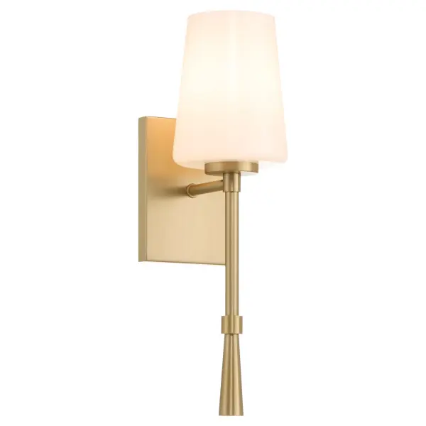 The Goodwin wall sconce delivers timeless style with its aged brass finish and soft opal glass shade. Perfect for creating a cohesive lighting design across multiple rooms, this versatile fixture adds warmth and sophistication. - alternate view