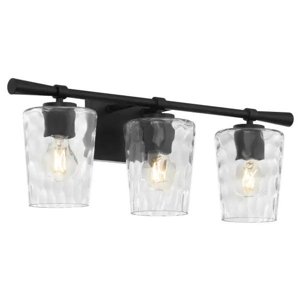 The Goodwin 3-Light Vanity combines sleek matte black framing with distinctive hammered glass shades for a sophisticated bathroom lighting solution. Its transitional design bridges classic and contemporary styles. - alternate view