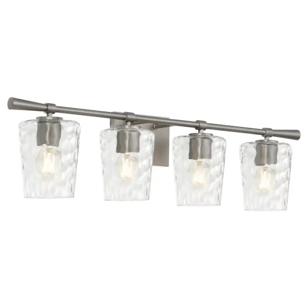 The Goodwin 4-Light Vanity combines sleek metal framing with distinctive hammered glass shades for a sophisticated bathroom lighting solution. Its transitional design bridges traditional and modern aesthetics. - alternate view