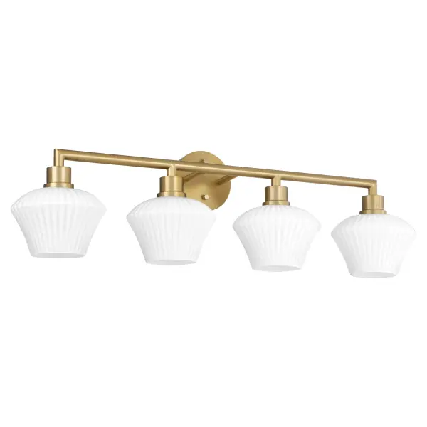 The Cassini 4-Light Vanity combines clean angular lines with warm aged brass and elegant glass shades. Perfect for modern bathrooms seeking sophisticated style with versatile design that complements both contemporary and transitional spaces.