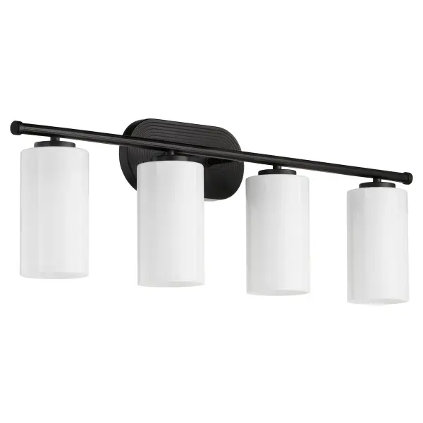 The Belinder 4-Light Vanity brings designer Tamara Day's signature style to your bathroom with delicate ribbed detailing and white fluted glass shades. The matte black finish adds contemporary edge while maintaining timeless appeal.