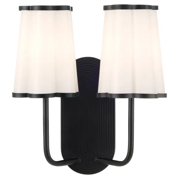 The Belinder 2-light wall sconce brings Tamara Day's 'laid-back luxe' aesthetic to life with distinctive scalloped glass shades and a refined ribbed backplate. The matte black finish adds contemporary sophistication while maintaining versatility across design styles. - alternate view