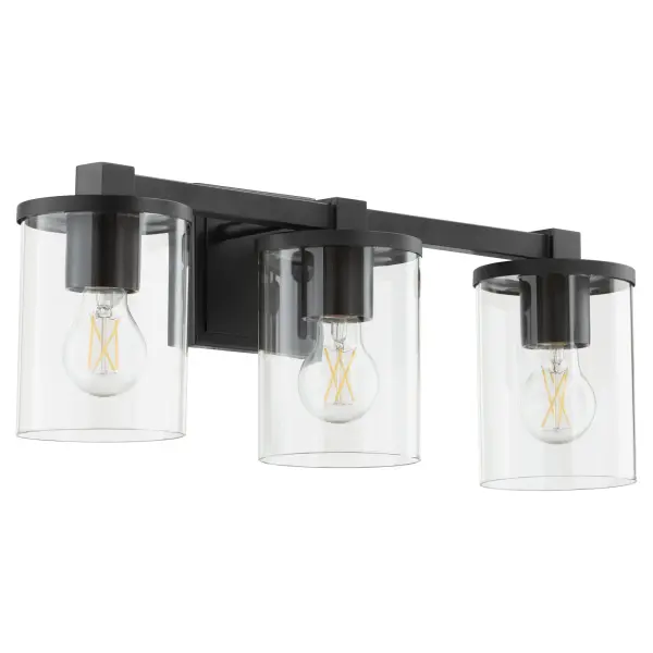 The Bolton vanity light brings contemporary sophistication to bathroom spaces with its crisp angles, matte black finish, and clear cylindrical glass shades. Perfect for modern bathrooms seeking clean, minimalist design.