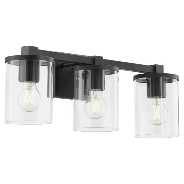 The Bolton vanity light brings contemporary sophistication to bathroom spaces with its crisp angles, matte black finish, and clear cylindrical glass shades. Perfect for modern bathrooms seeking clean, minimalist design. - alternate view