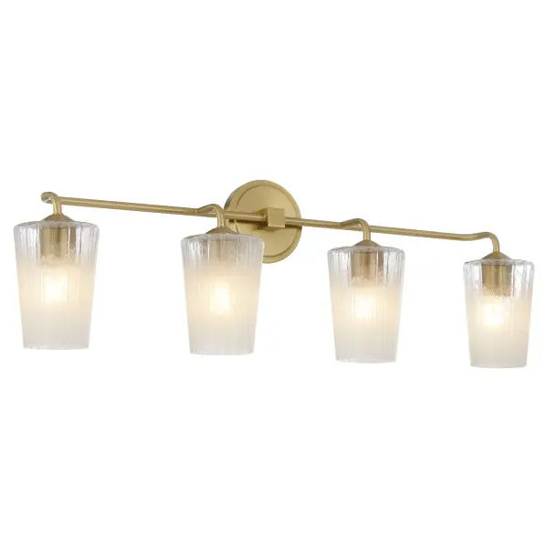 The Providence 4-Light Vanity combines clean lines with warm aged brass and milky white glass shades for a sophisticated bathroom lighting solution. Its minimalist design works beautifully in both modern and transitional spaces. - alternate view