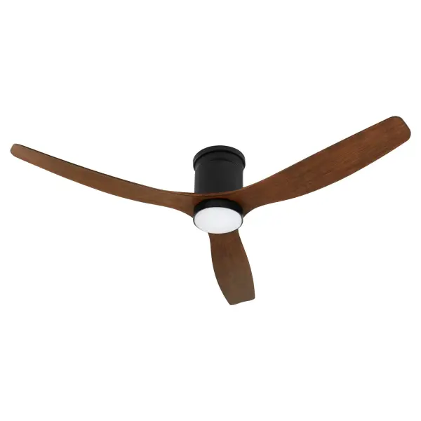 The Dayton hugger fan combines contemporary design with impressive performance, delivering 4,670 CFM from three 52-inch blades. Its damp-rated construction and integrated LED light make it ideal for covered patios and outdoor living areas. - alternate view
