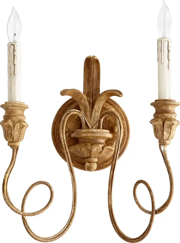 The Salento wall sconce brings Italian Baroque and Rococo influences to your space with delicate curved arms and candlestick-styled lights. Its French Umber finish and leaf motifs create an authentic antiqued look perfect for traditional and transitional interiors.
