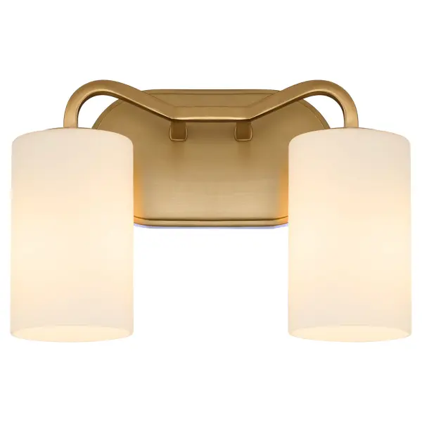The Rutherford 2-Light Vanity brings understated sophistication to any bathroom with its clean lines and warm brushed brass finish. Featuring satin opal glass shades that provide soft, flattering illumination, this fixture blends historical charm with contemporary sensibility. - alternate view