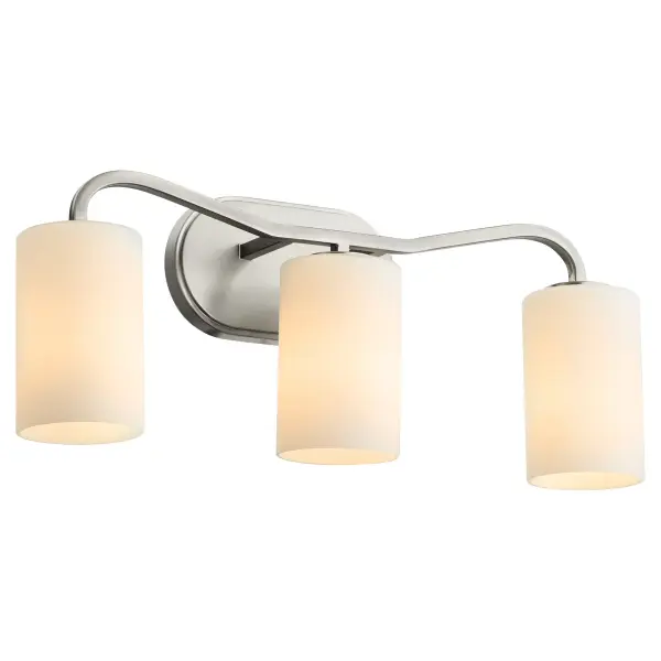 The Rutherford 3-Light Vanity blends historical charm with modern simplicity. Featuring satin opal glass shades and a refined satin nickel finish, this fixture brings understated elegance to bathrooms without busy adornments. - alternate view