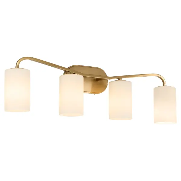The Rutherford 4-Light Vanity blends historical charm with contemporary design. Its clean lines and satin opal glass shades deliver understated elegance, while the brushed brass finish adds warmth to any bathroom. - alternate view
