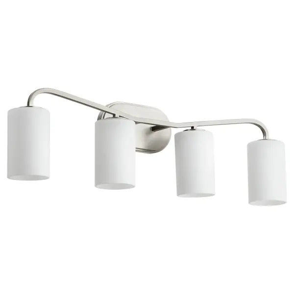 The Rutherford 4-Light Vanity blends historical charm with modern simplicity. Featuring satin opal glass shades and a refined satin nickel finish, this fixture brings understated elegance to bathrooms without busy adornments.