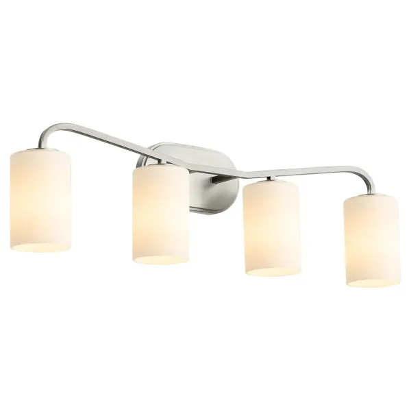 The Rutherford 4-Light Vanity blends historical charm with modern simplicity. Featuring satin opal glass shades and a refined satin nickel finish, this fixture brings understated elegance to bathrooms without busy adornments. - alternate view