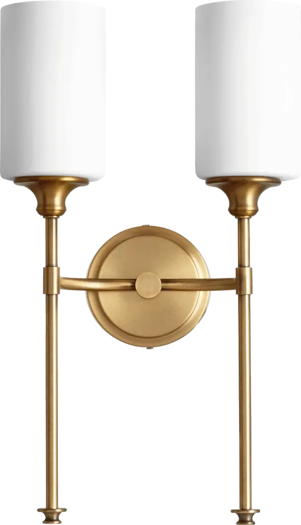 The Celeste 2-light wall sconce combines aged brass warmth with satin opal glass for a sophisticated, modern look. Its clean lines and transitional design make it adaptable to various interior styles. - alternate view