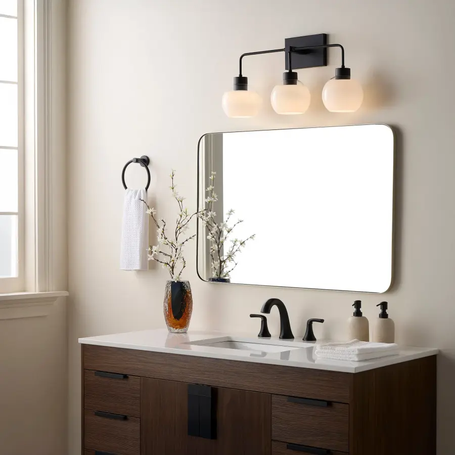 Lacy 3-Light Vanity Light with Layered White Glass in Matte Black - Image 6