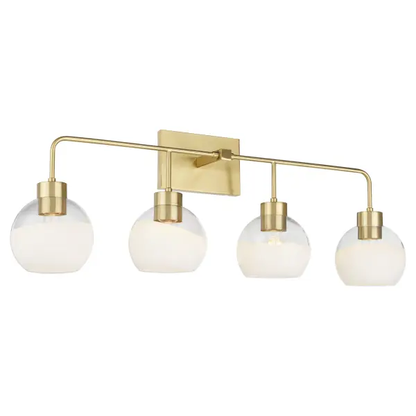 The Lacy 4-Light vanity fixture combines artisanal layered white glass shades with aged brass hardware for a sophisticated transitional look. Each hand-dipped shade creates unique flowing patterns while slim rods and rounded corners soften the geometric square backplate. - alternate view