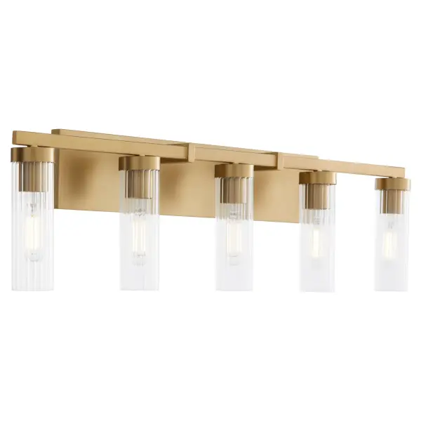 The Kilbey 5-Light Vanity combines industrial design with classic aged brass finish and delicate fluted glass shades. Its minimal square rod and circular sockets create clean lines perfect for contemporary and transitional bathrooms. - alternate view