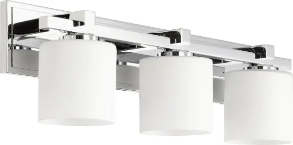 This 3-light vanity fixture combines classic design with contemporary appeal. Chrome finish and satin opal glass shades deliver ambient lighting perfect for bathroom mirrors. Dual-layer mounting ensures secure installation.