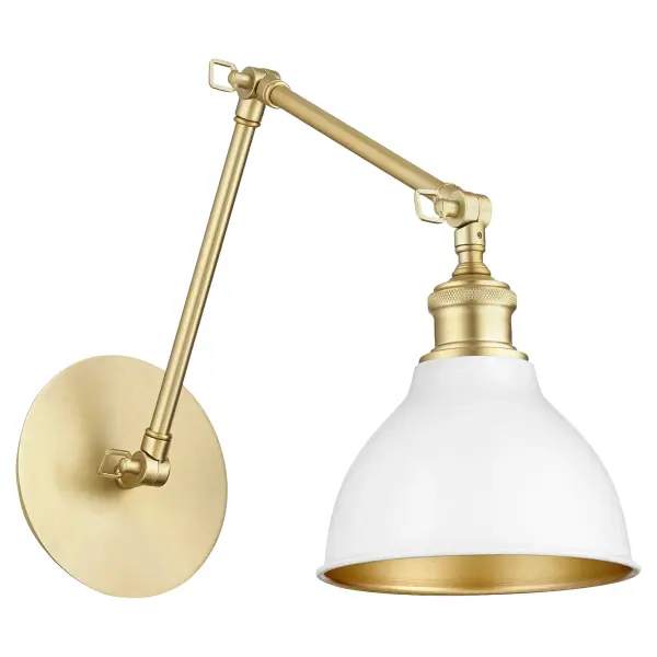 This space-saving wall sconce combines functionality with style through its adjustable jointed arm and contrasting white and aged brass finish. Perfect for reading nooks and bedside lighting.