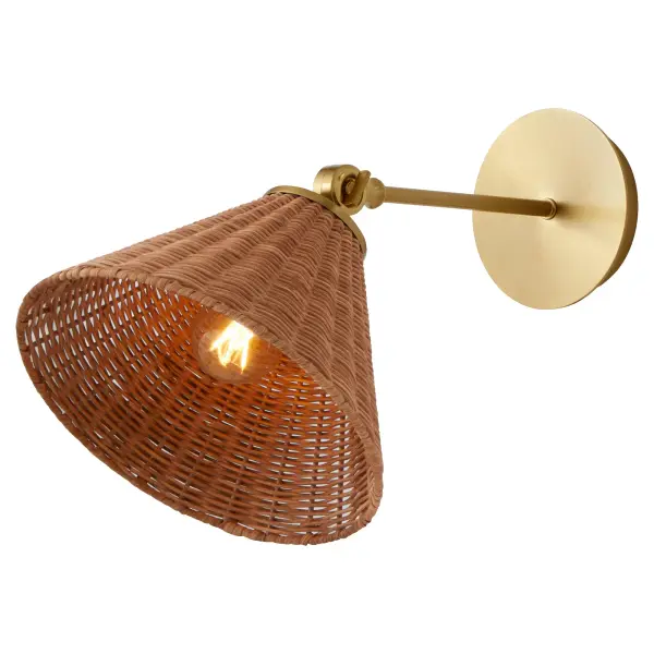 The Robinson sconce blends modern farmhouse charm with bohemian flair through its distinctive cane weave backplate and adjustable 14-inch arm. The aged brass finish and espresso cone shade create warm, focused task lighting. - alternate view