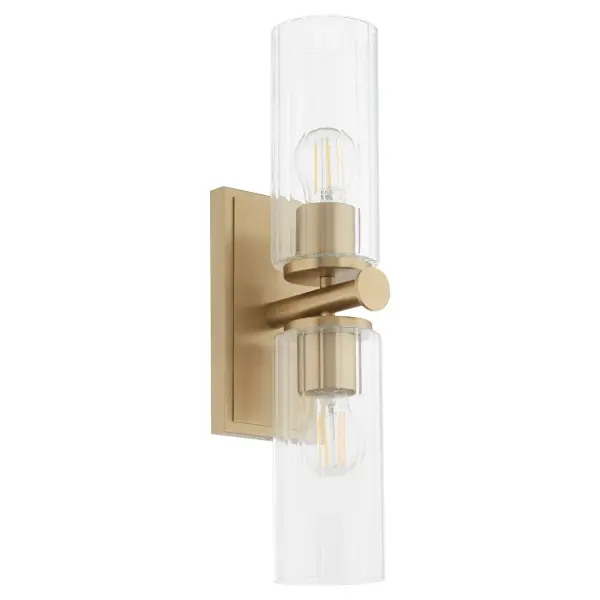The Mercier 2-Light Wall Sconce brings French chateau elegance to any space with its cylindrical disc details and slender clear glass shades. The aged brass finish adds warmth and sophistication, perfect for bathrooms, hallways, or home offices.