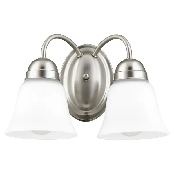 This 2-light wall sconce combines graceful round elements with classic traditional detailing in a versatile satin nickel finish. Perfect for adding ambient lighting and style to hallways, bedrooms, and bathrooms.