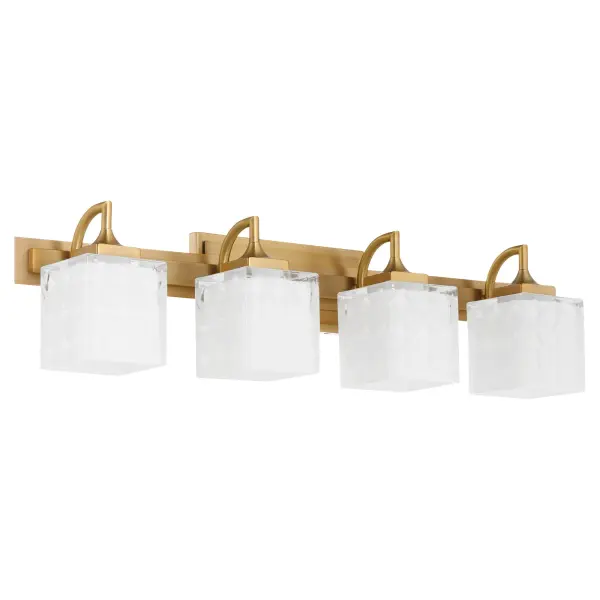 The Diamonte vanity light combines contemporary square shades with elegant case glass to deliver soft, radiant illumination. Its brushed brass finish adds warmth and sophistication, while dual-mount capability offers flexible installation options.