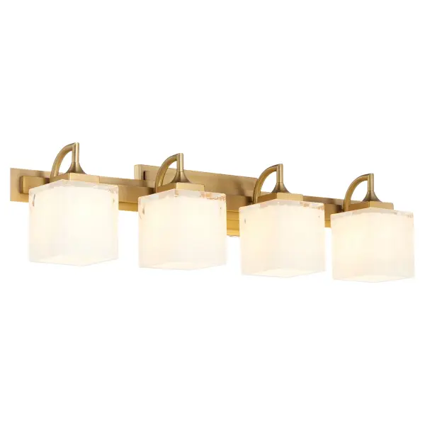 The Diamonte vanity light combines contemporary square shades with elegant case glass to deliver soft, radiant illumination. Its brushed brass finish adds warmth and sophistication, while dual-mount capability offers flexible installation options. - alternate view