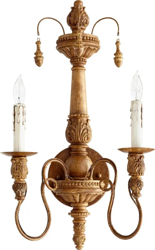 The Salento wall sconce brings Italian Baroque and Rococo influences to your space with delicate curved arms and candlestick-styled lights. Its French Umber finish and leaf motifs create an authentic antiqued look perfect for traditional interiors.