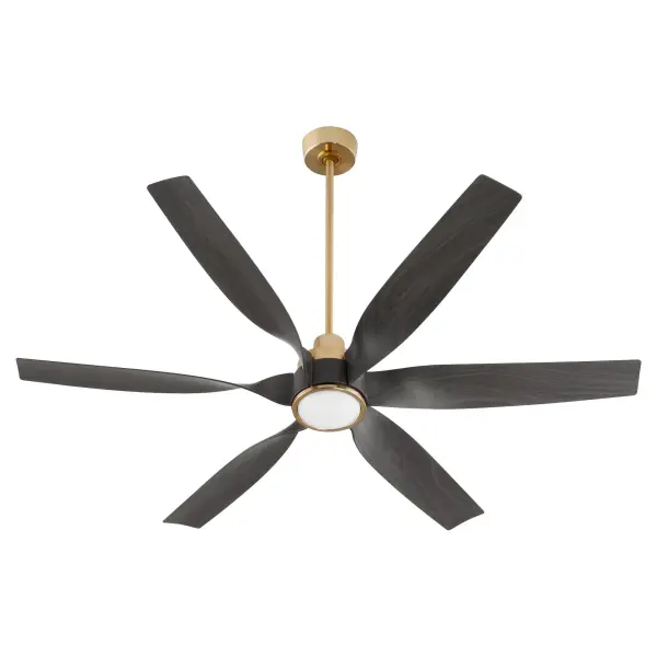 The Kimbo combines striking modern aesthetics with powerful airflow through its distinctive twisted blade design. Six matte black blades span 60 inches, while the aged brass motor housing adds warmth and sophistication.