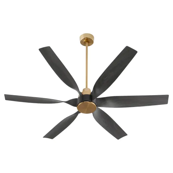 The Kimbo combines striking modern aesthetics with powerful airflow through its distinctive twisted blade design. Six matte black blades span 60 inches, while the aged brass motor housing adds warmth and sophistication. - alternate view