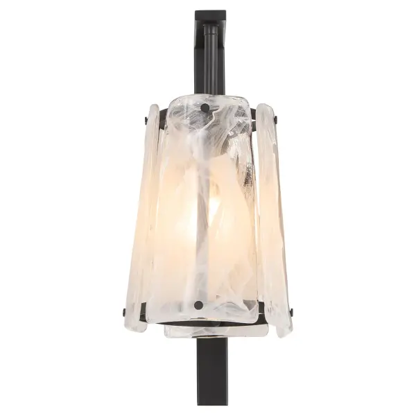 The Prestige wall sconce makes a bold statement with its clear alabaster glass panels that resemble chiseled ice. Angular matte black frames and decorative screw details create an industrial-modern aesthetic perfect for contemporary spaces. - alternate view