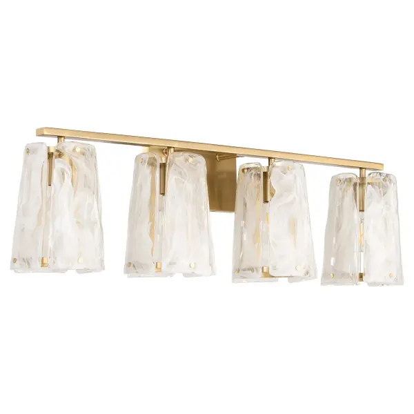 The Prestige 4-Light Vanity makes a bold statement with its clear alabaster glass panels resembling chiseled ice. Angular aged brass frames support rectangular glass panels with decorative screw details, creating spectacular radiance.