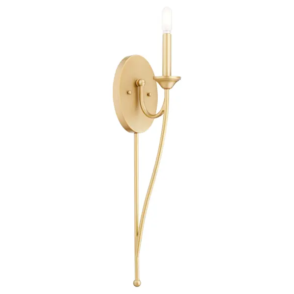 The Brooks wall sconce offers a sophisticated blend of traditional and contemporary aesthetics with its slender framed design in aged brass. Perfect for adding ambient lighting to hallways, bathrooms, and entryways. - alternate view