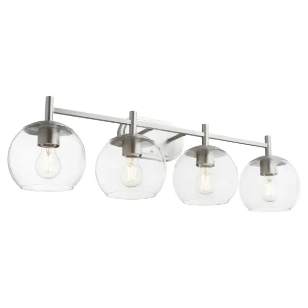 The Lyon 4-Light Vanity combines bold geometric lines with rounded clear glass shades for a sophisticated, uncomplicated look. Its satin nickel finish and transitional design make it versatile for modern and traditional bathrooms alike.